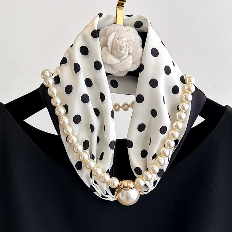 Magnetic Narrow Elegant Satins Neck Scarf Wrap Pearls Chain Necklace Qme