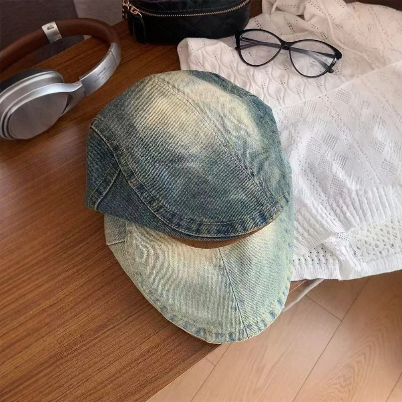 Retro Washed Denim Beret Casual Turnback Cap Big Heads Face-slimming Qme