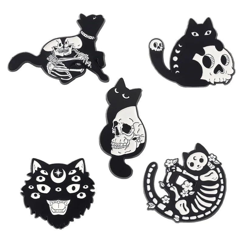 Black Cat Enamel Pin Skull Skeleton Brooch Badge Animal Gothic Flower Jewelry Kids Gift Party Lapel Clothes Backpack Wholesale Qme set