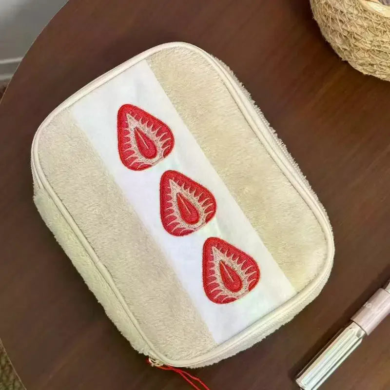 Cute Embroidered Strawberry Pencil Case Portable Stationery Pen Box Multi Functional Large Capacity Makeup Bag Storage Bag Qme