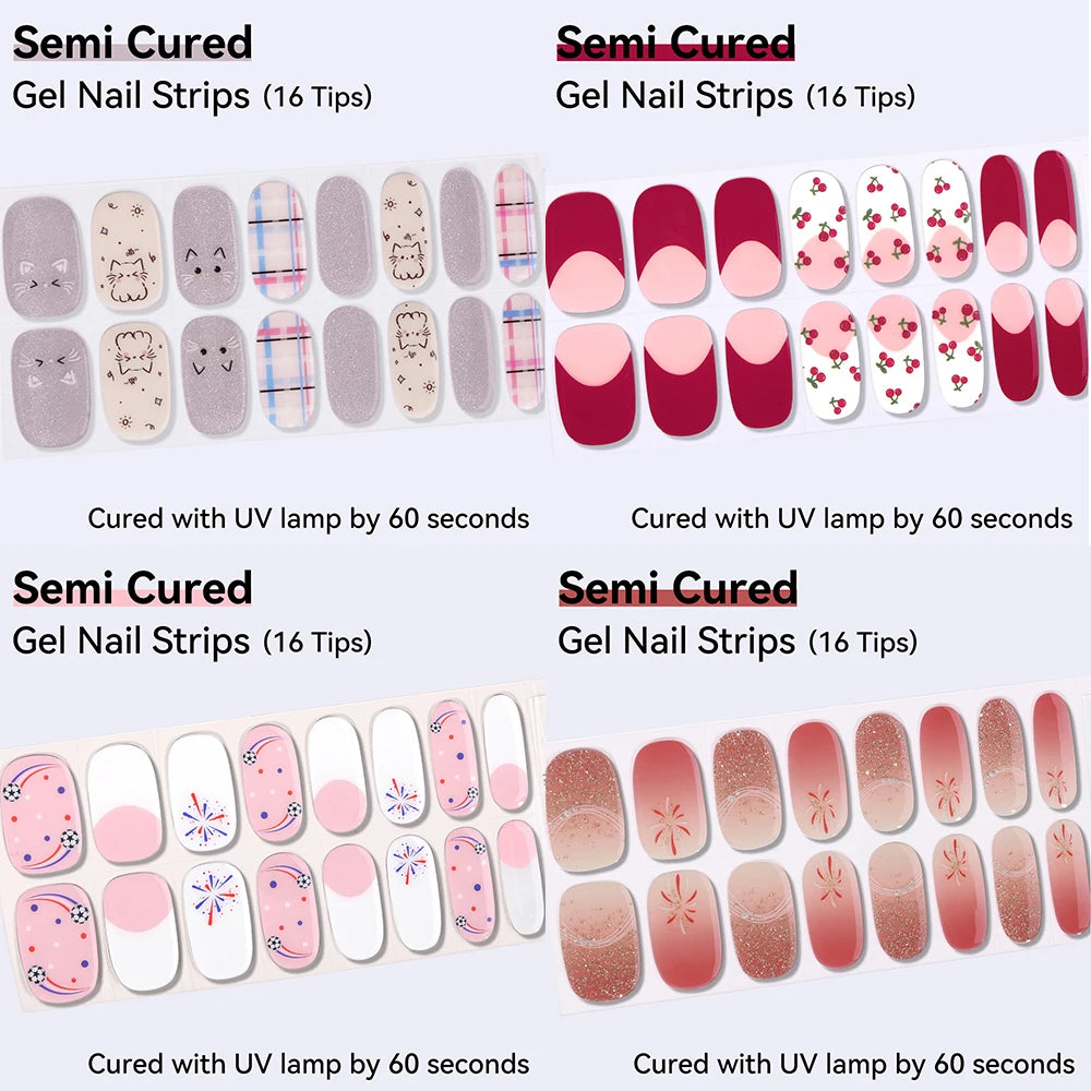 16Tips Cute Cartoon Semi Cured Gel Nail Strips French Cherry Soccer Qme