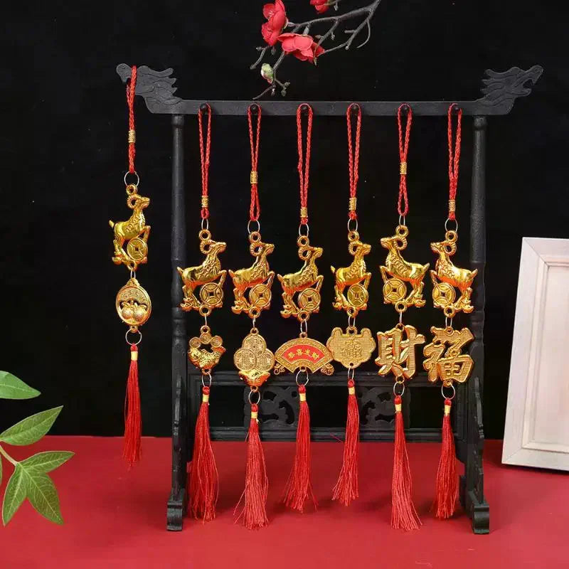 Chinese New Year 2027 Goat Hanging Ornaments Gold Lucky Design Red Tassels For Spring Festival Home Wall Decor Qme