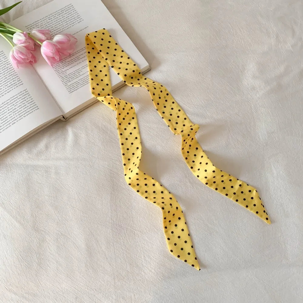 Retro Bow Ties Long Silk Scarf Ice Cream Printed Plaid Hair Band Qme Yellow