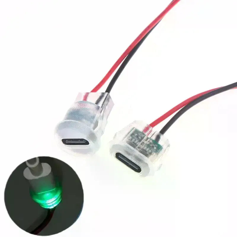 5/10Pcs Waterproof USB-C Power Port Female Connectors Transparent 2Pin USB Type-C With LED Lights Input Type Charging Socket Qme