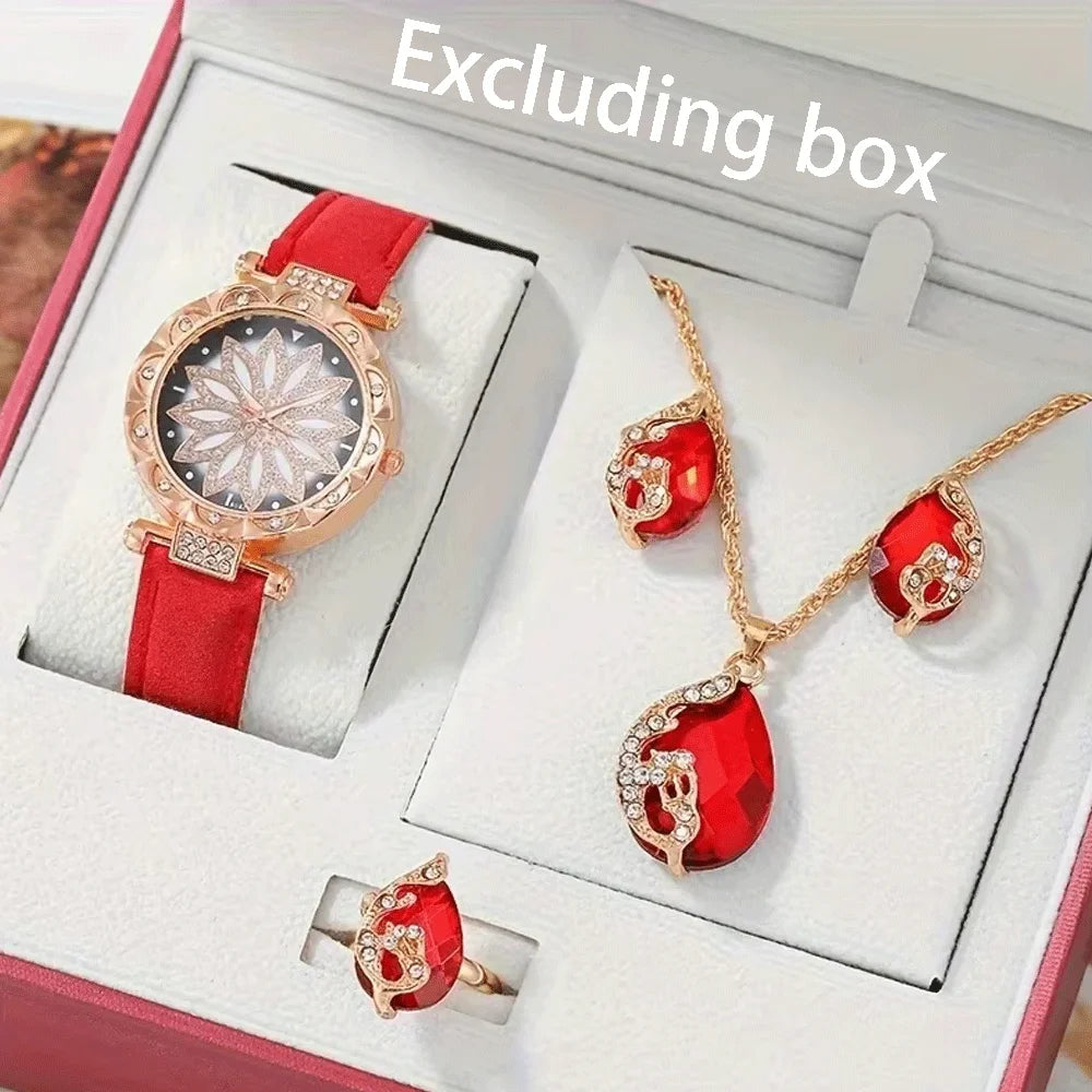 5Pcs/Set Watches Jewelry Set 1 Pcs Of Round Hand Quartz Watch And 4 Pcs Of Jewelry Fancy Women Watches Jewelry Sophisticated Qme Red No