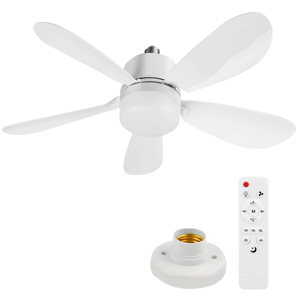 Silent Ceiling Fan with LED Lantern Remote Control Universal Dimming Fan E26/E27 Base Detachable Five Leaf Fan for Home Outdoor Qme 30W E26 E27 Set