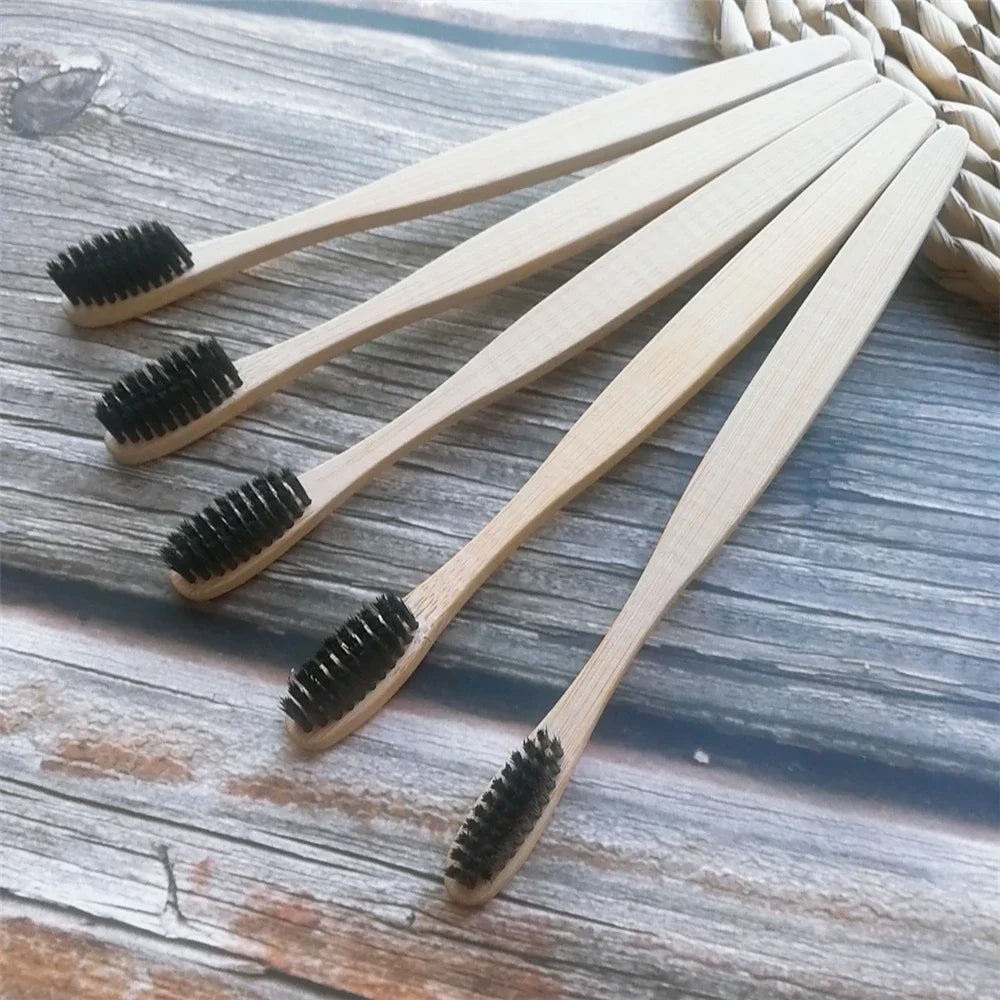 Colorful Natural Bamboo Toothbrush Soft Bristle Charcoal Teeth Whitening Manual Wooden Handle Toothbrushes Soft Dental Oral Care Qme Black 5Pcs