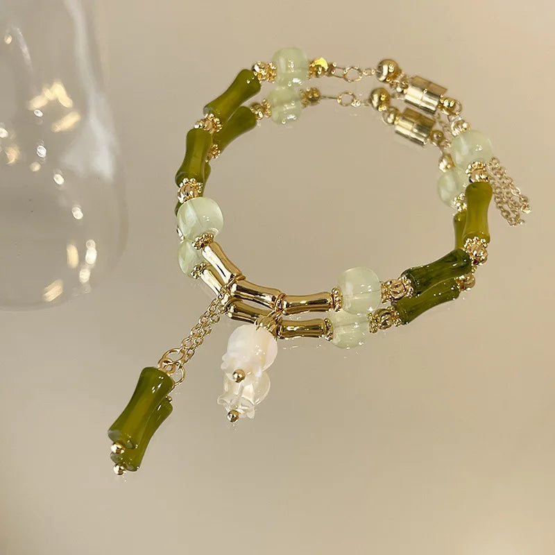 Exquisite Palace Imitation Jade Chilly Sense Chinese Style Sweet Bamboo Joint Orchid Bracelet for Women Romantic Green Beaded Qme orchid 18cm