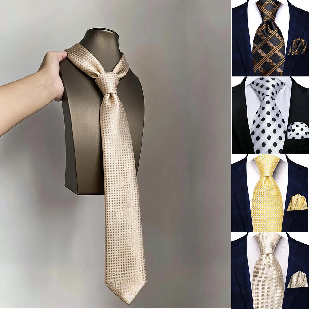 White Yellow Classic Men Necktie Pocket Square Formal Silk Wedding Qme