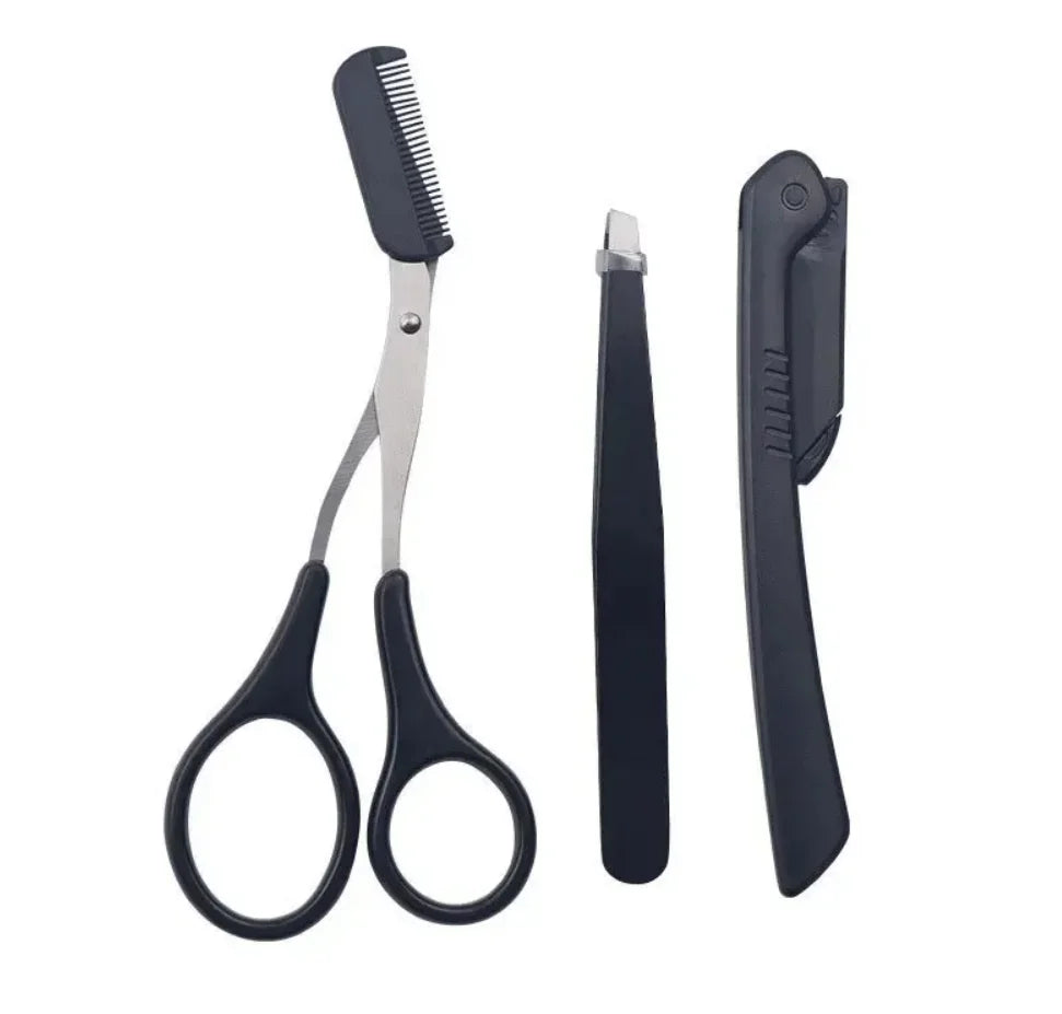 Salesthree-piece Stainless Steel Eyebrow Clip Comb Scissors Trimmer Qme
