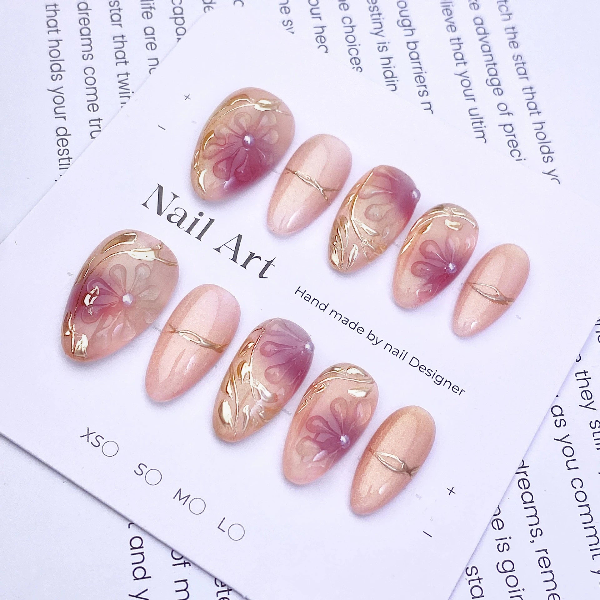 High-end Handmade Diamonds Chic Pink Flower Press Nails Sweet Cat Eye Qme GJ-CDJ-ZB196-S
