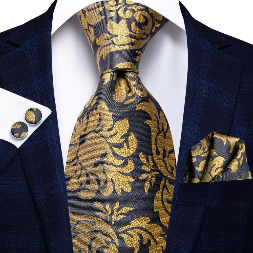 Designer Gold Solid Wedding Tie Men Handky Cufflink Striped Plaid Qme C-3058