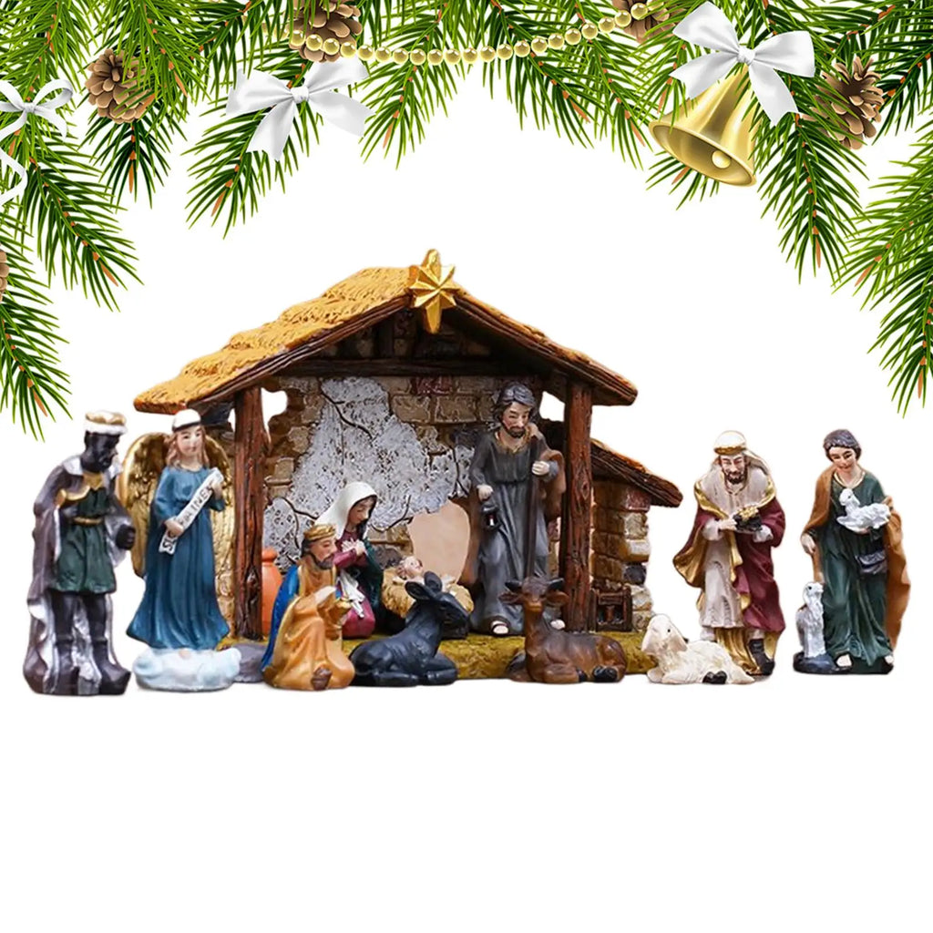 Nativity Set Resin Christmas Manger Religious Christmas Manger Nativity Figurine Set for Bookshelf Entryway Fireplace Windowsill Qme