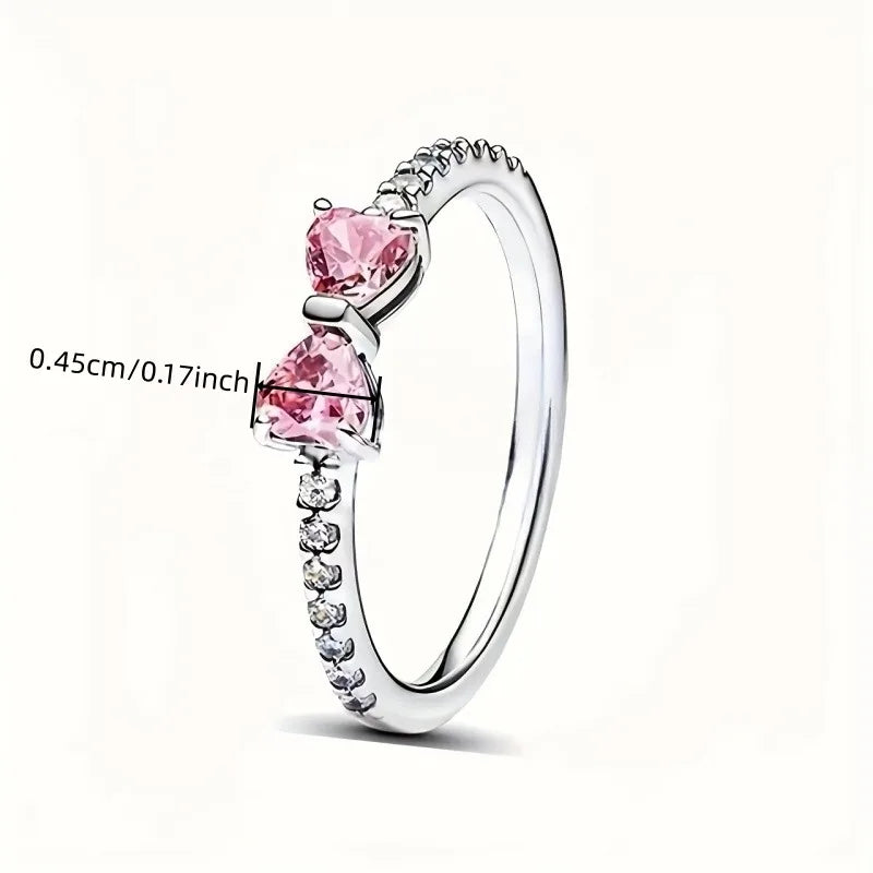Pink Heart Cubic Zirconia Bow Shape Adjustable Open Ring Silver Plated Promise Wedding Band Women Daily Jewelry Birthday Gift Qme