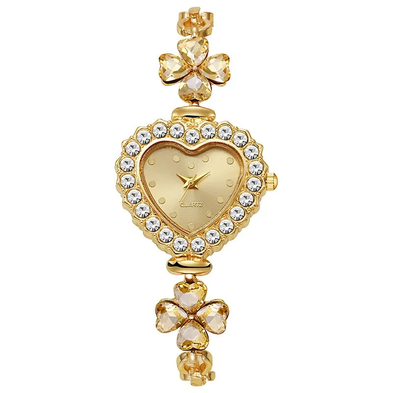 Requintado relógio de pulso feminino em forma de coração, pulseira quartzo sem caixa, moda Qme Gold