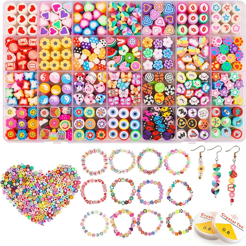Polymer Clay Beads Kit 24 Styles Cute Fun Clay Beads Flower Butterfly Heart Letter Pony Beads for Bracelet Necklace Making DIY Qme 560PCS