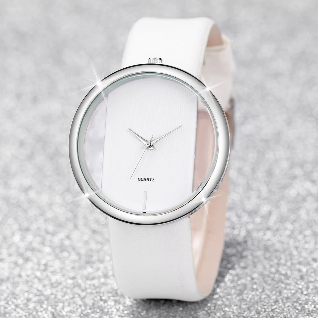 2026 Simple and Transparent Creative Cutout Fashionable and Dignified Leather Belt Couple Quartz Watch Qme 1PC White