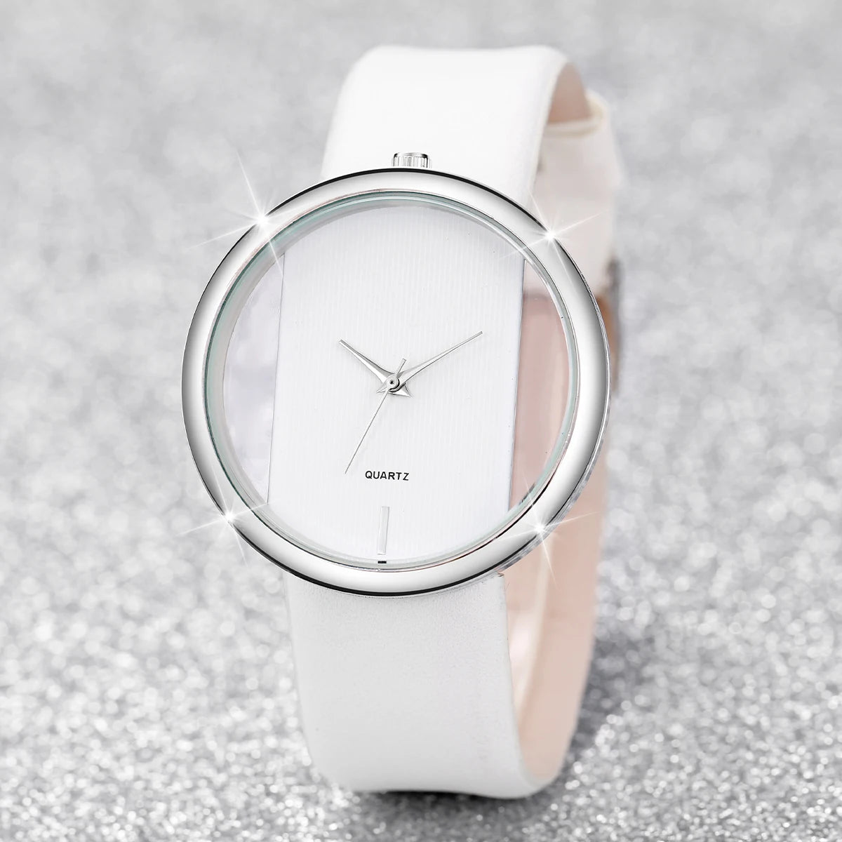 2026 Simple and Transparent Creative Cutout Fashionable and Dignified Leather Belt Couple Quartz Watch Qme 1PC White