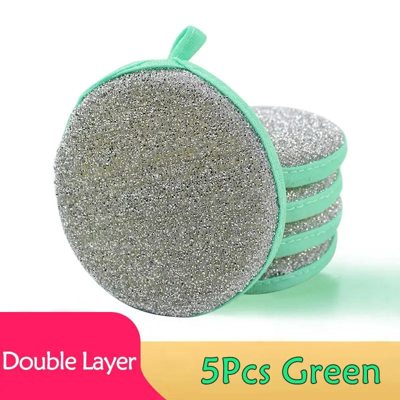 5 Double-sided Dishwashing Sponge Pot Scouring Pad Home Kitchen Qme 5Pcs Green