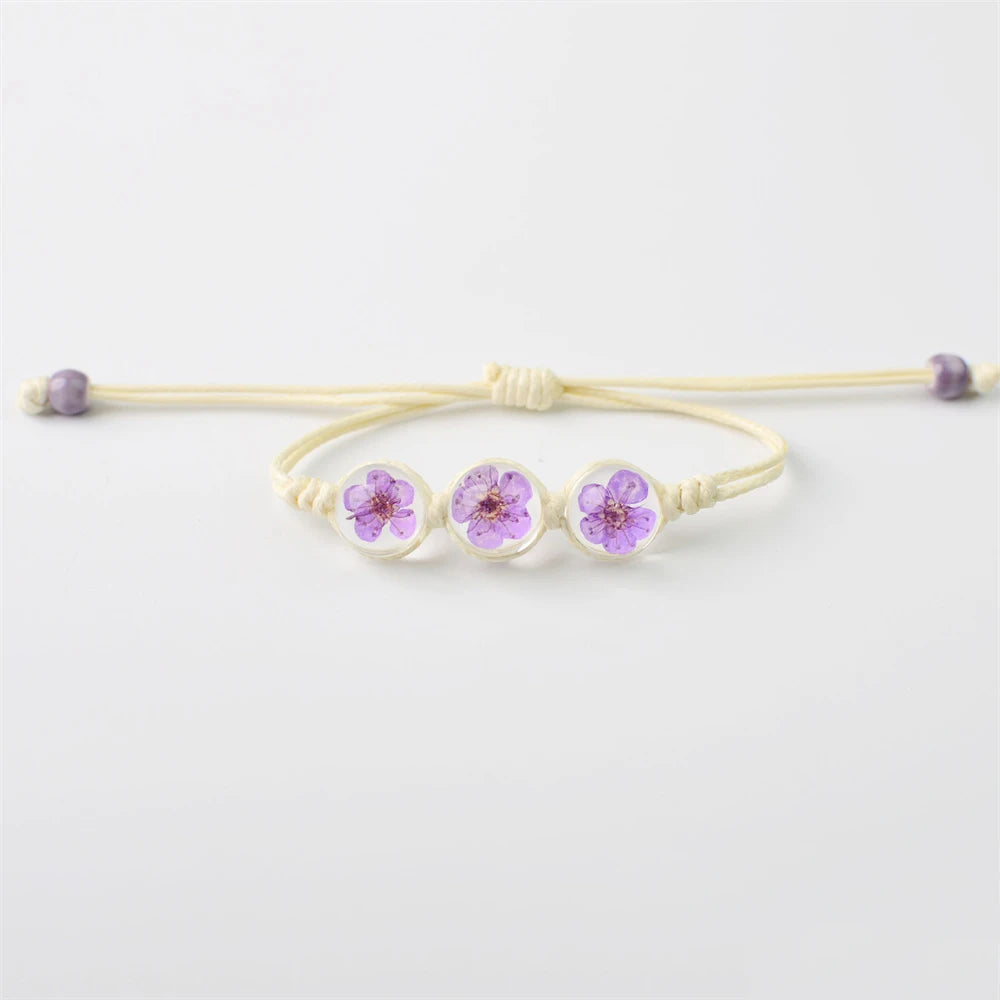 b22 Glass Ball Dried Cherry Blossoms Hand-made Dried Flower Charm Bracelets Multiple options Gifts Natural Flower Weave Jewelry Qme Purple