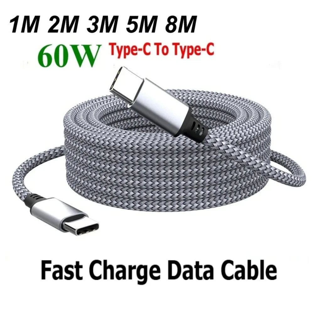 60W Type C Extended Nylon Data Line 8M 5M 3M 2M 1M Phone Fast Charging Cable Universal USB C Data Cord for iPhone Xiaomi Samsung Qme