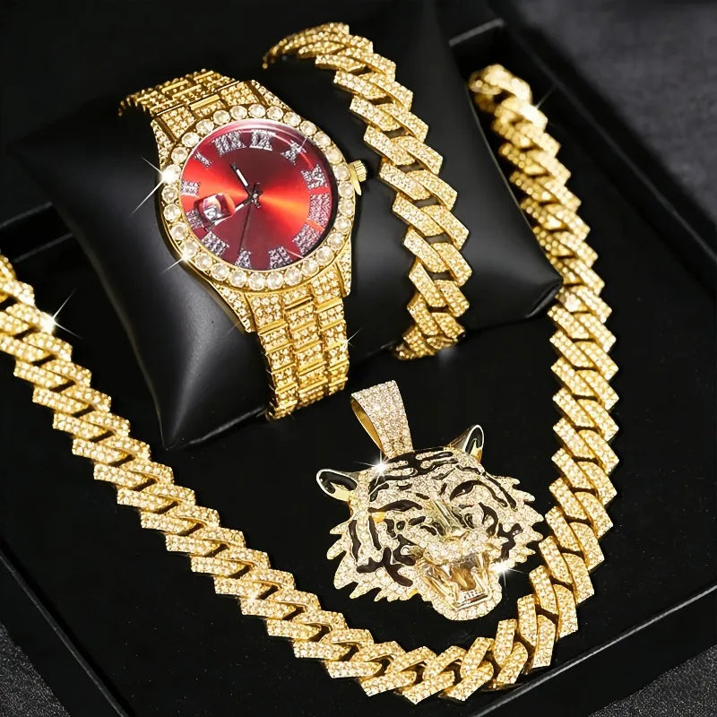 Trendy Men's Popular Tiger Head Cuban Chain Four Piece Set | Street Hip Hop Style Watch Necklace Bracelet Pendant Set Qme Rose