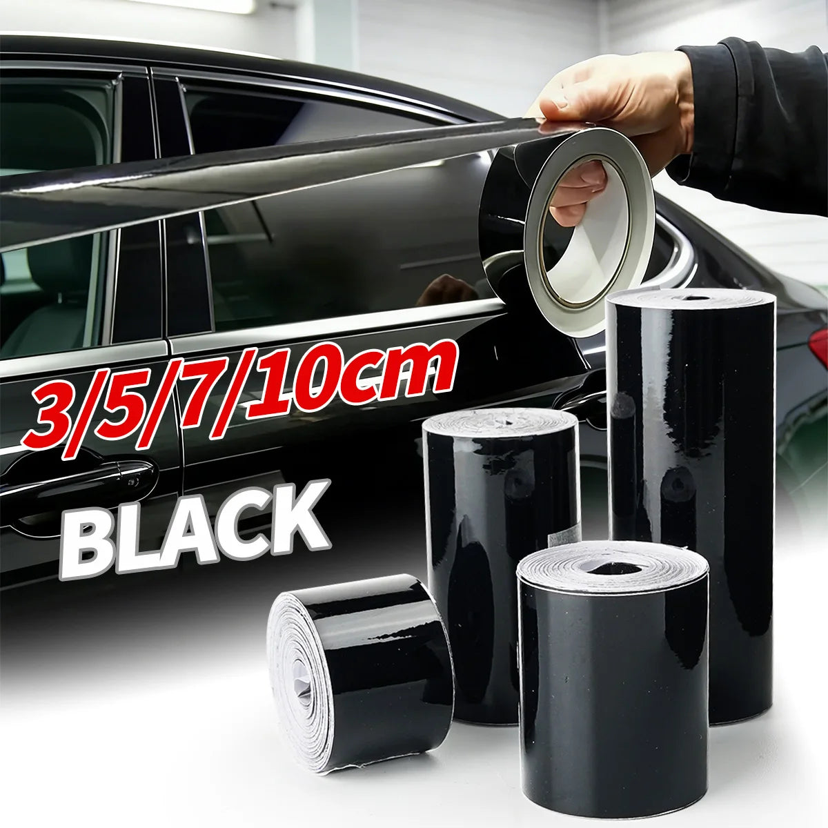 3/5/7/10CM Glossy Black Vinyl Wrap Stripes Window Trim Film Car Interior Pillar Decals Stickers for Vehicle Qme