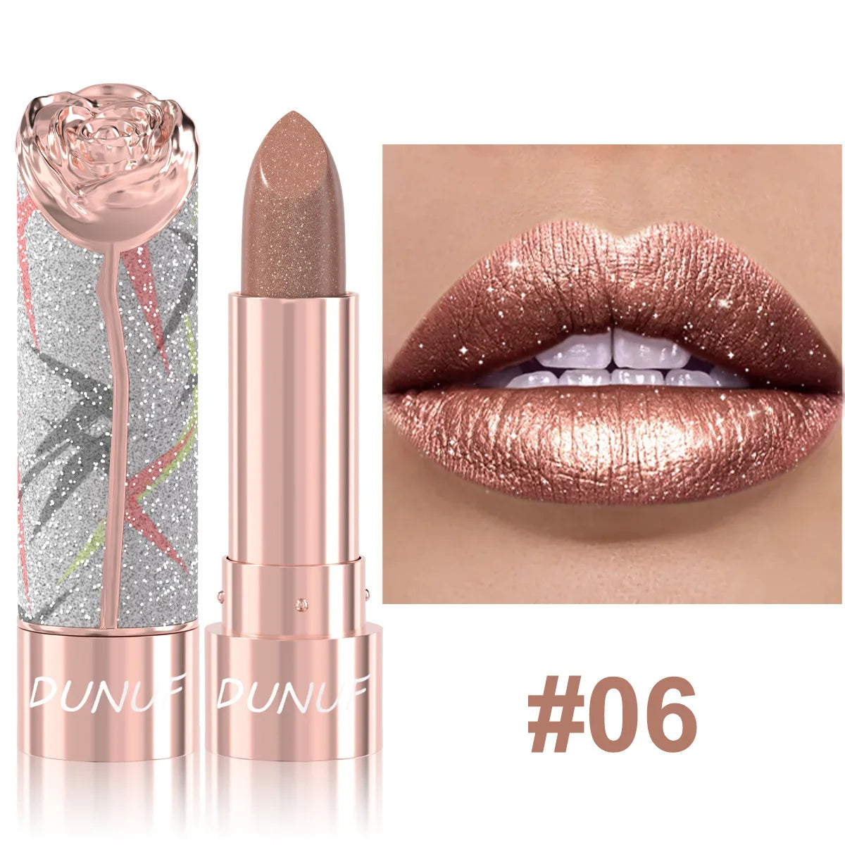 Rose Floral Diamond Lipstick Pearlescent Shimmer 3D Metallic Matte Smooth Creamy Sparkling Lipstick For Daily Party Makeup Qme 06