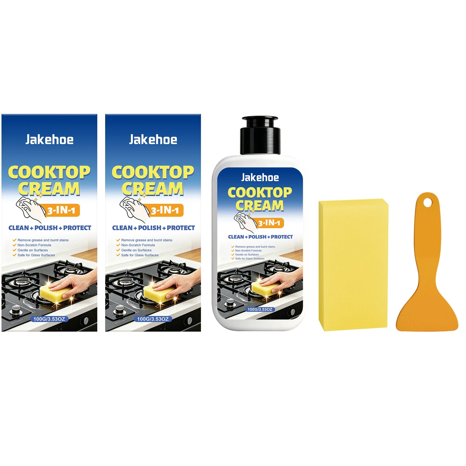 Multi-functional Kitchen Cleaner Remove Burnt Grease Food Residue & Tough Stain Form Protective Film 3-in-1 Cooktop Cleaning Kit Qme 2 x 100G Boxed
