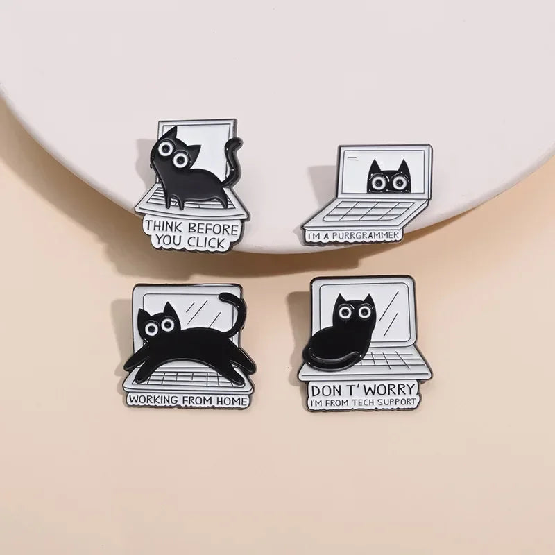 Cartoon Black Cat Brooch Enamel Pins Creative THINK BEFORE YOU CLICK Lapel Backpack Badges WORKING FROM HOME Jewelry Wholesale Qme