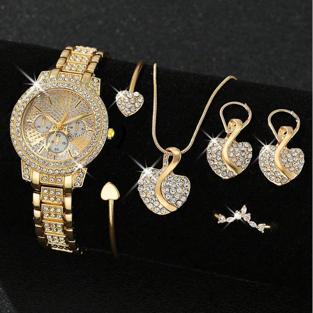 Women's Quartz Watch Gold Luxury Women Ring Necklace Earring Rhinestone Fashion Wristwatch Casual Ladies Watches Jewelry Set ﻿ Qme Gold