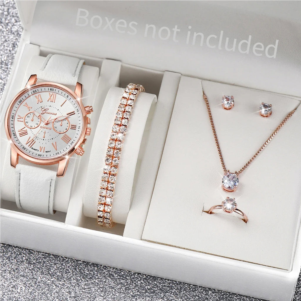 Rose Gold White Leather Ladies Watch Set Chronograph Clock Cubic Zirconia Bracelet Necklace Earrings Ring Jewelry Kit For Women Qme