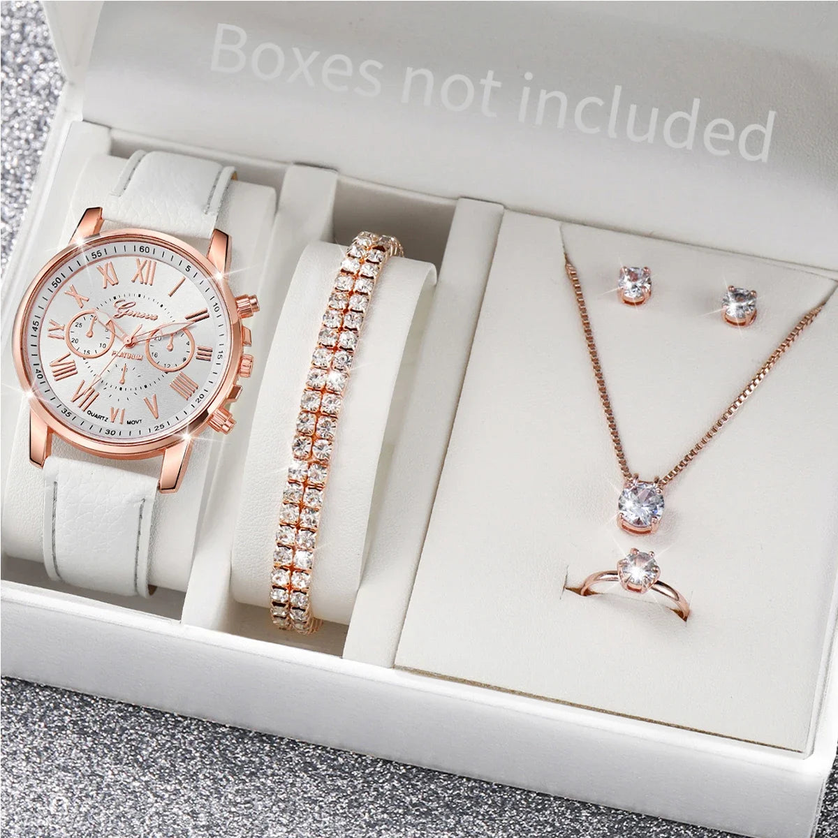 Rose Gold White Leather Ladies Watch Set Chronograph Clock Cubic Zirconia Bracelet Necklace Earrings Ring Jewelry Kit For Women Qme