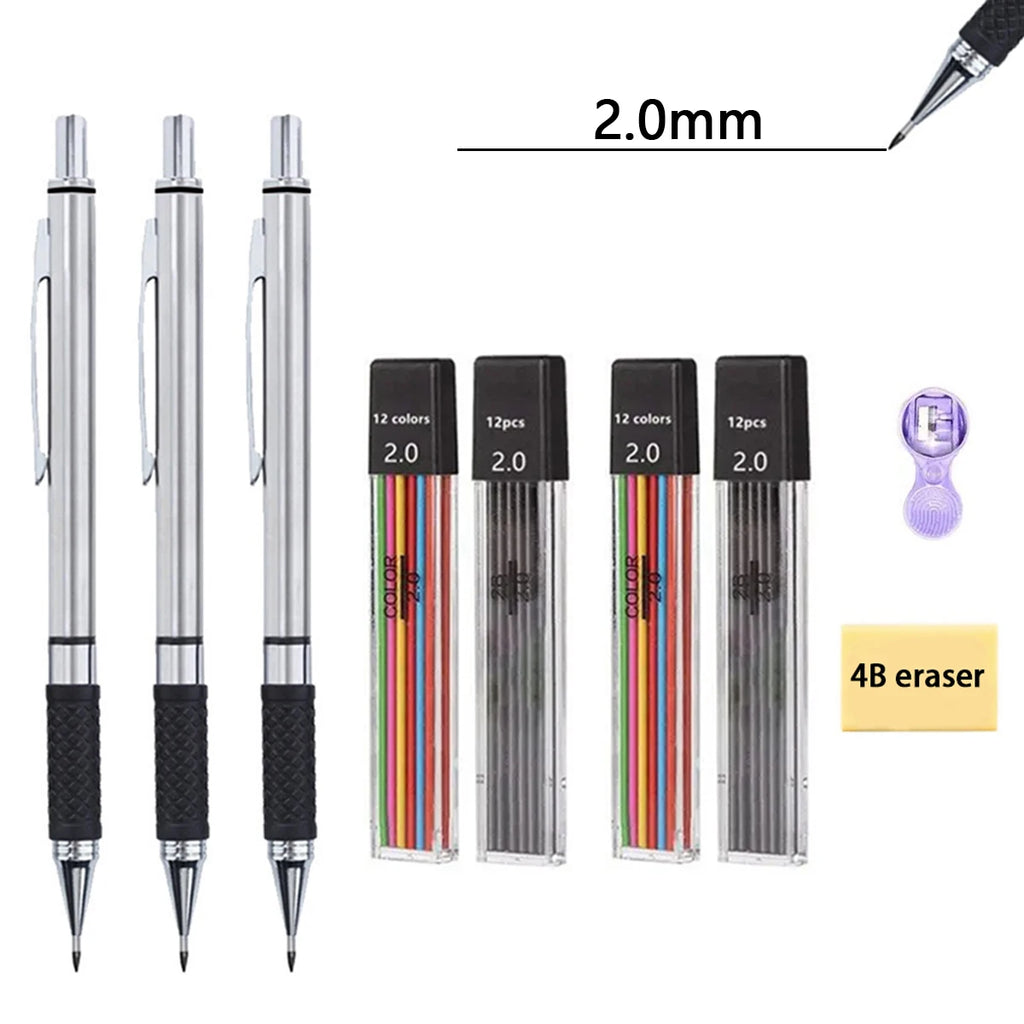 Art Mechanical Pencil Set, Metal Pencil 2mm Graphite Lead Holder (2B) For Writing, Sketching Drawing With Lead Refills Case Qme