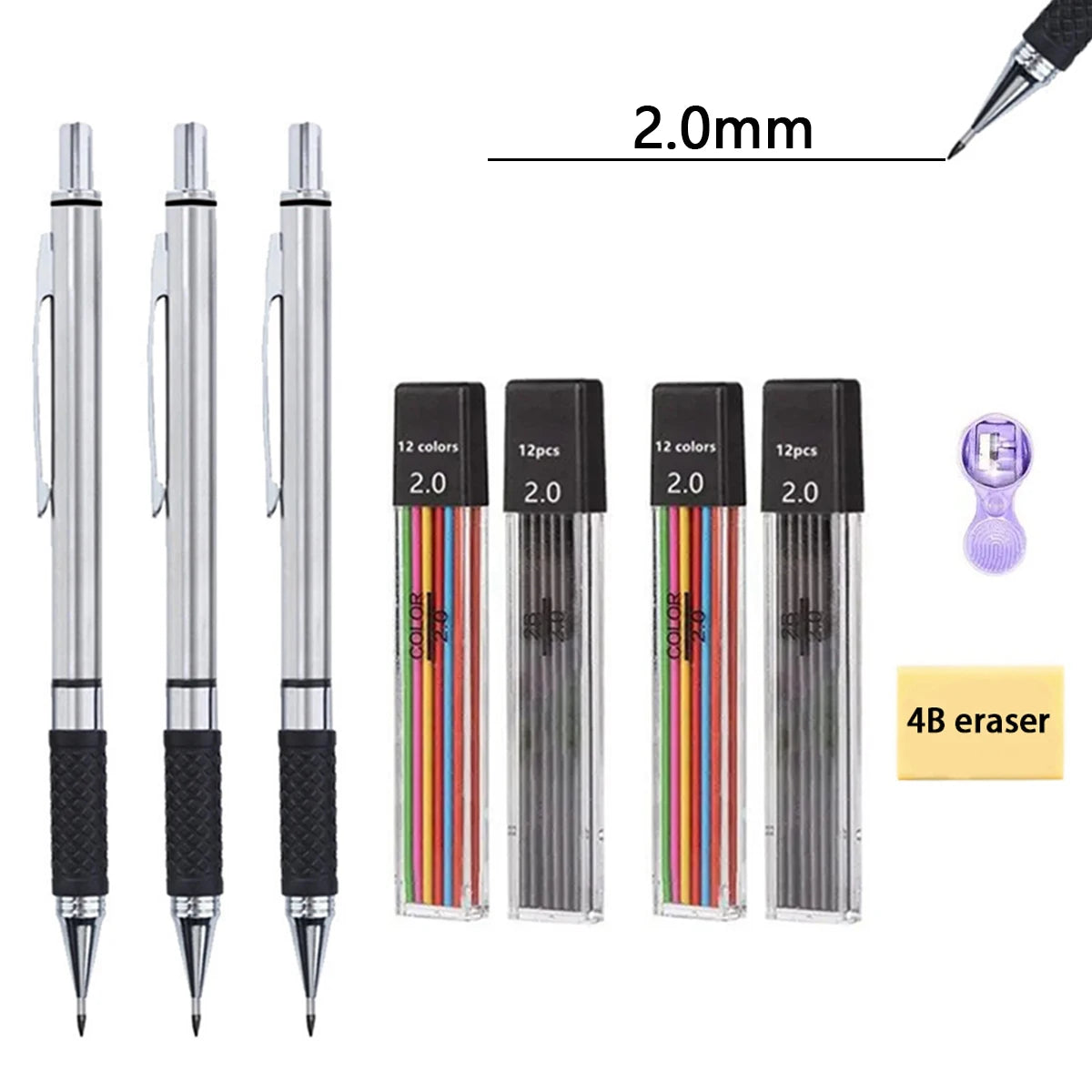 Art Mechanical Pencil Set, Metal Pencil 2mm Graphite Lead Holder (2B) For Writing, Sketching Drawing With Lead Refills Case Qme