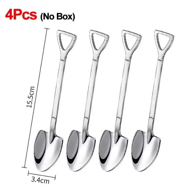 Stainless Steel Shovel Spoon Cutlery Coffee Tea Spoon Ice Cream Dessert Fruit Party Scoop Teaspoon Kitchen Tableware Cutlery Set Qme A-4PCS