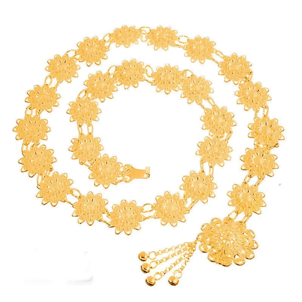 Traditional Metal Ethnic Style Belt Bell Silver Gold Belt Hollow Out Tassel Flower Metal Waist Chain Party Decoration Qme Gold