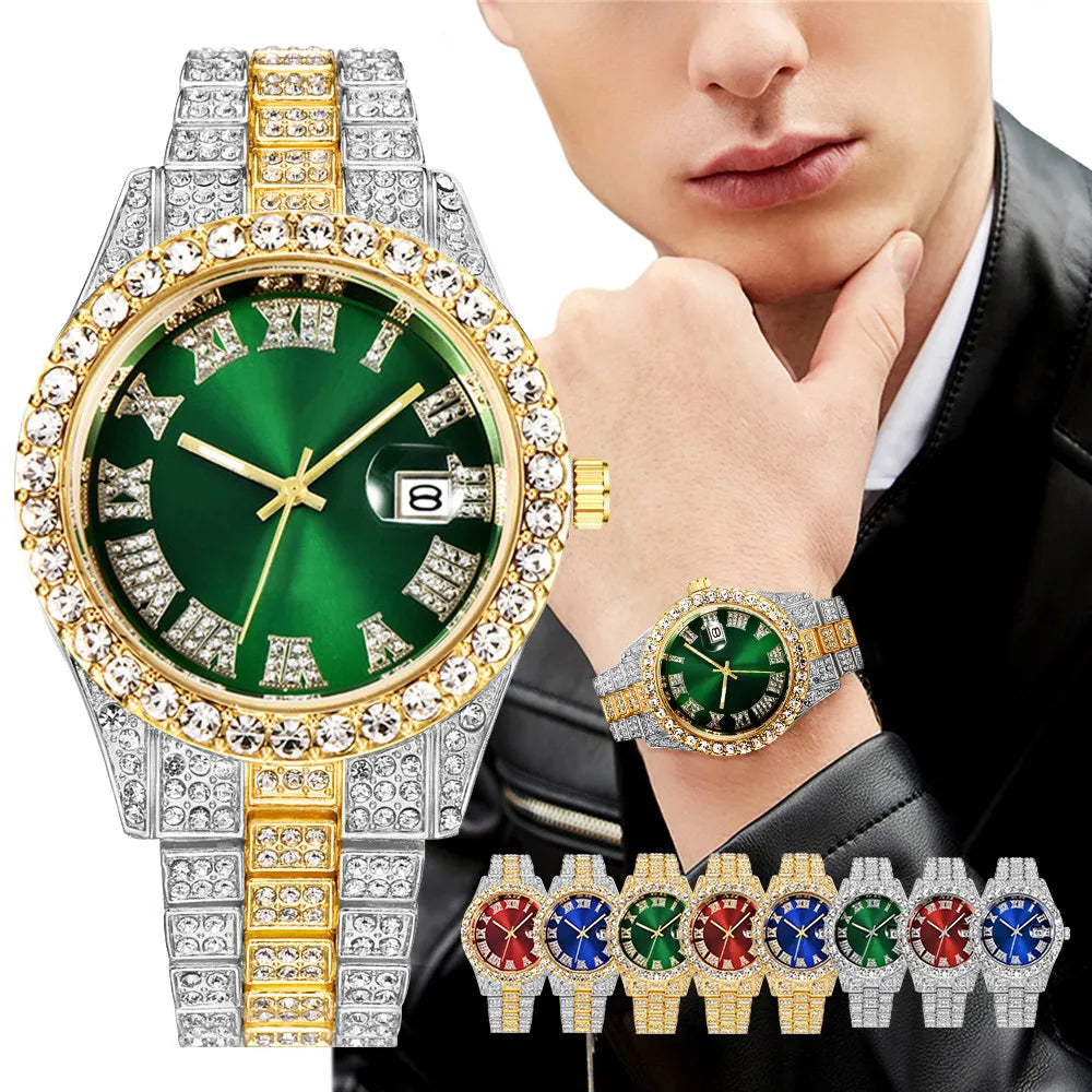 Men's Steel Band Quartz Watch Hip-Hop Business Steel Band Calendar Full Diamond Men's Watch Qme