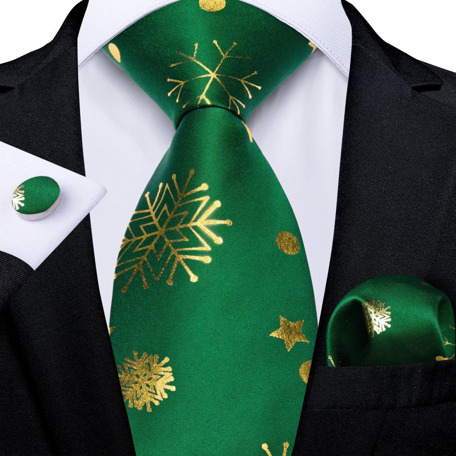 Christmas Green Tie Set 3 Pieces Men Necktie Pocket Square Cufflinks Xmas Wedding Party Suit Accessories Gifts for Dad Boyfriend Qme DPTD-LDSN7854