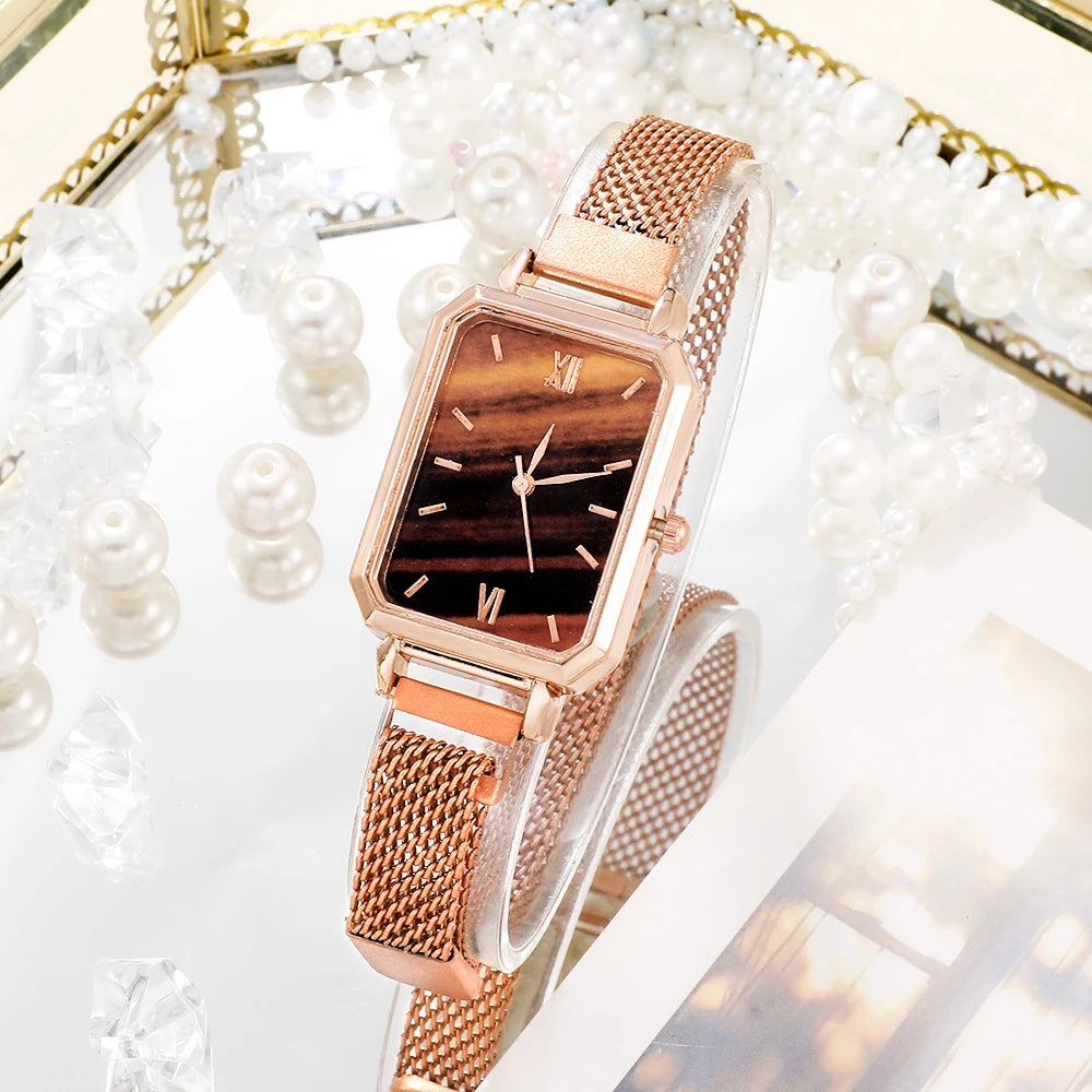 Women Watches Fashion Square Ladies Quartz Watch Bracelet Set Green Dial Simple Rose Gold Mesh Luxury Women Watches Qme