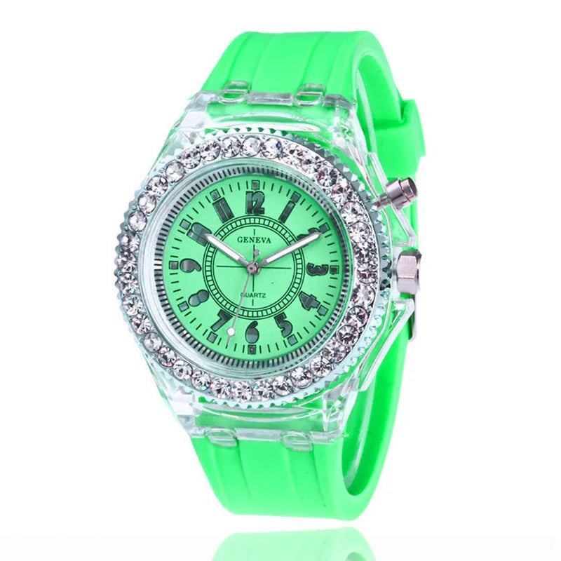 led Flash Luminous Watch Personality trends students lovers jellies woman men's watches 7 color light WristWatch bayan kol saati Qme green