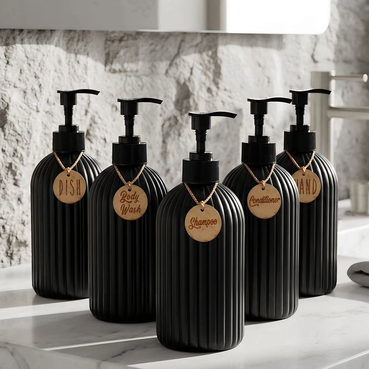 Matte Black Soap Disenser with Tags-16oz Ribbed Plastic Refillable Bathroom Bottles for Shampoo Conditioner Body Wash Container Qme