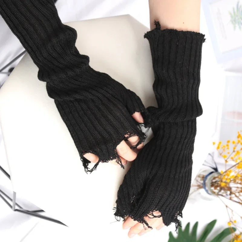 1Pair Punk Broken Unisex Gloves Knitted Ripped Oversleeves Warm Arm Qme