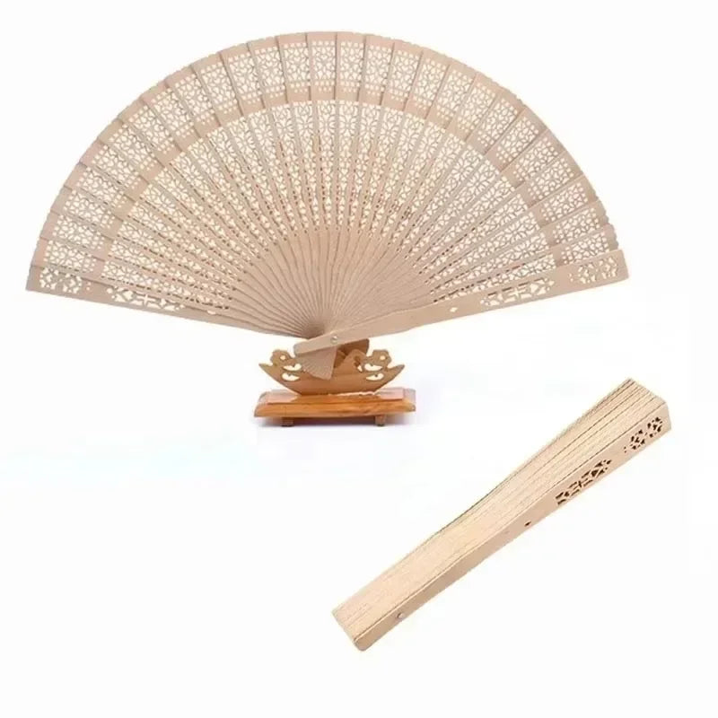 Chinese Sandalwood Scented Folding Hollow Wooden Fans Hand Held Home Qme