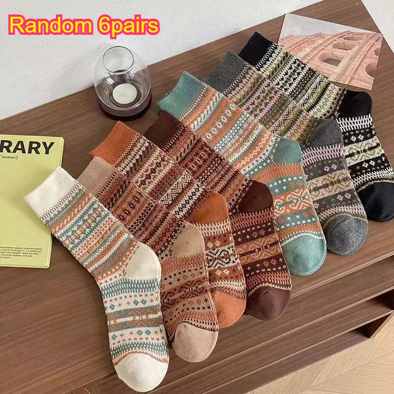 Vintage Fair Isle Crew Socks, Retro Ethnic Pattern Cotton Socks, Warm Winter Casual Slouch Socks for Women Qme Random 6pairs One Size
