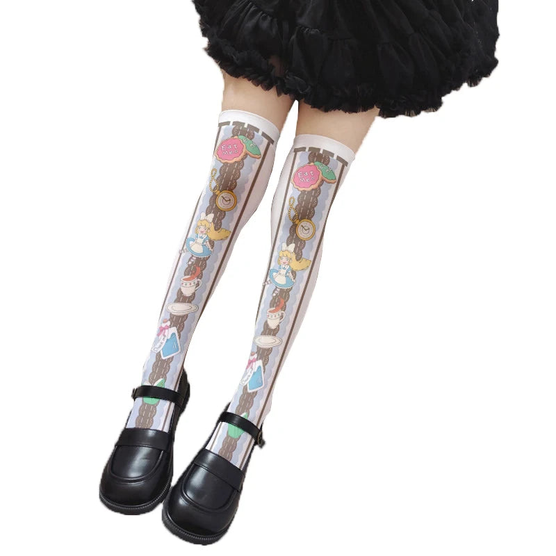 Cute Pink Princess Lolita Over Knee Stockings Love Bow Printed Girl Qme style21 One Size
