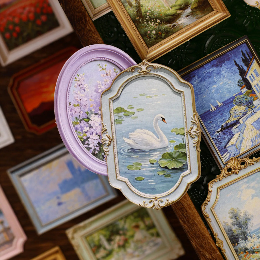 European Vintage Oil Painting Frame Stickers, Embossed Gold Rim Scenery Frames for Journal and Kuka Card Border Collage Qme