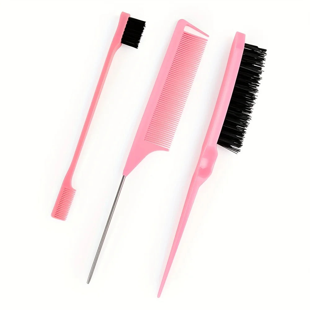 Styling Comb Set with Pointed Tail Comb, Double-Headed Fluffy Bristle Brush for Volumizing and Waving Hair, Beauty Tools Qme Pink