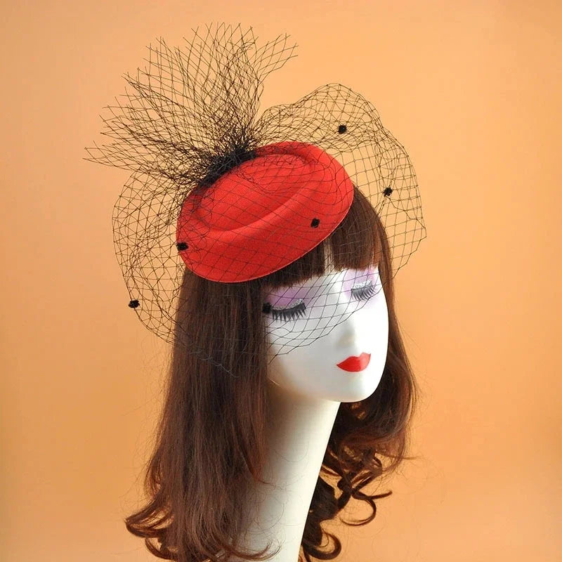 Black Veil Small Hat Hair Accessories Retro Woolen Material Dinner Qme Red