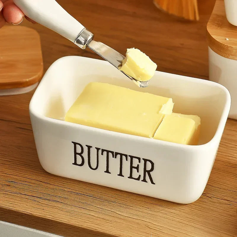 Ceramic Butter Container Box Restaurant Sealed Storage Box Cheese Box with Knife Bamboo Lid Butter Slicer Butter Dish Tableware Qme